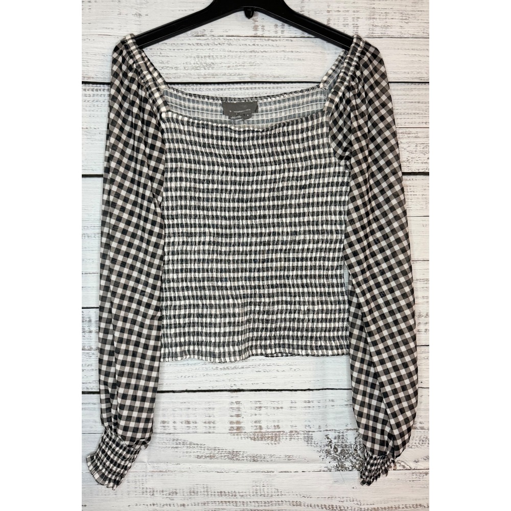 Anthropologie Rouen Crop Top Black White Gingham Square Neck Balloon Sleeve